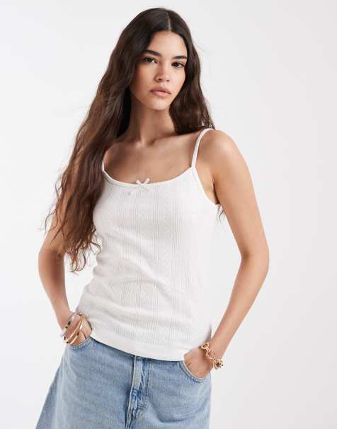 PIECES lace trim pointelle cami top in white - view 1