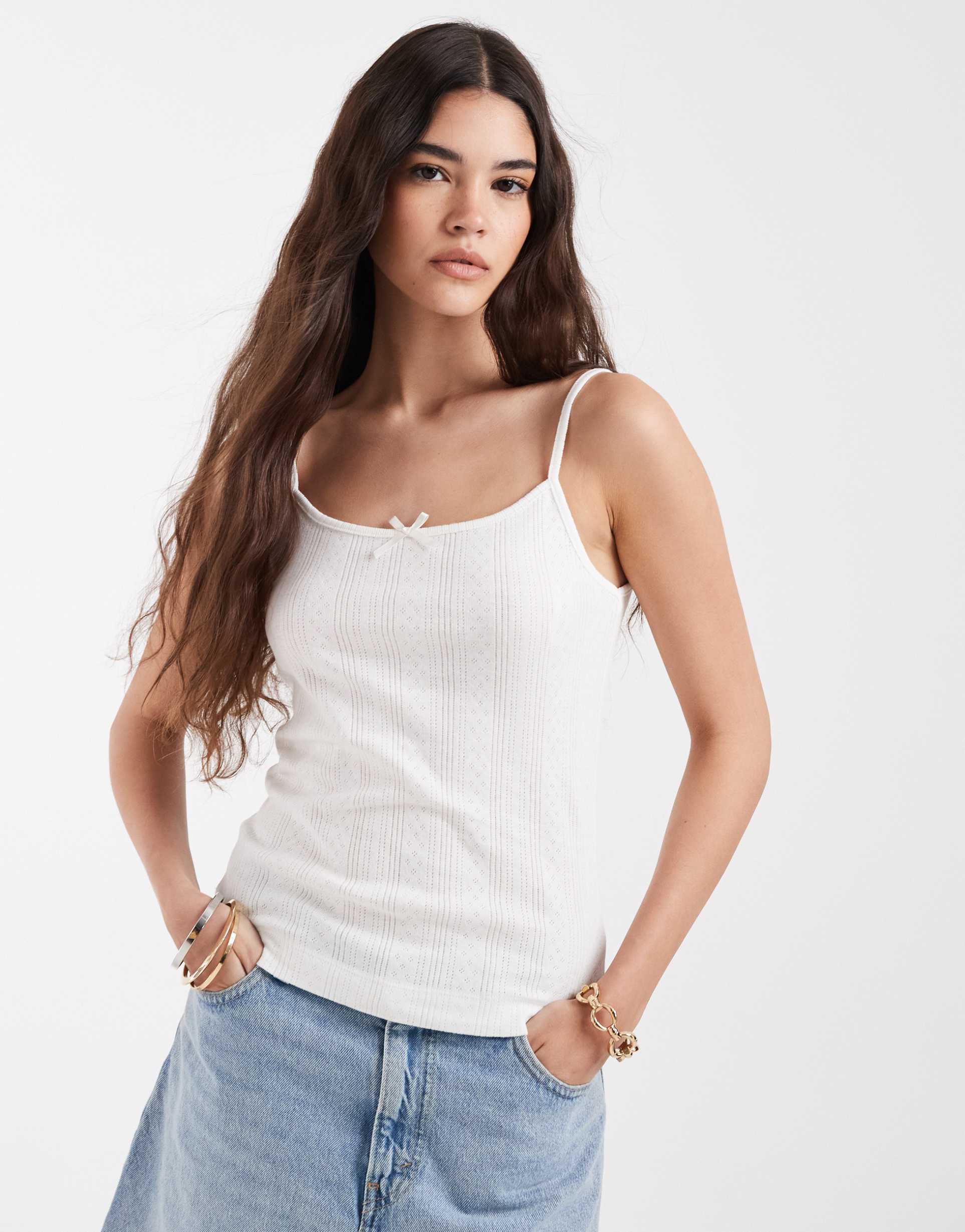 pieces lace trim pointelle cami top in white