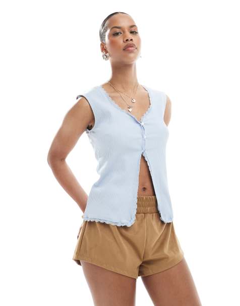 Pieces lace trim ribbed sleeveless top with button front detail in hydrangea blue - view 1