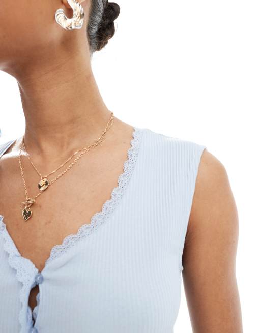 Pieces lace trim ribbed sleeveless top with button front detail in hydrangea blue, 4 of 4