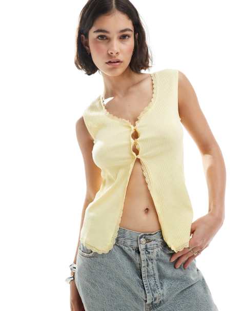Pieces lace trim ribbed sleeveless top with button front detail in pale banana - view 1
