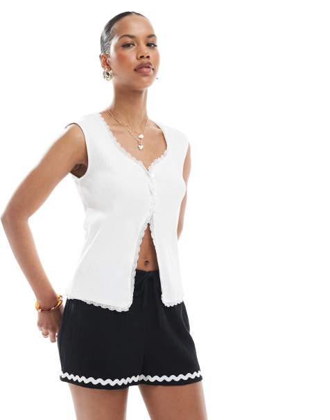 Pieces lace trim ribbed sleeveless top with button front detail in white - view 1