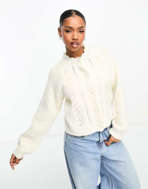 Pieces lace trim style cardigan in cream