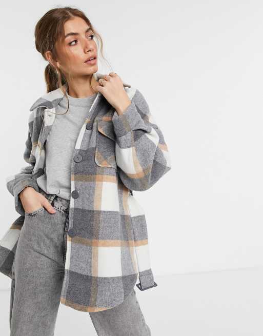 Pieces - Lang shacket in grijs met ruiten