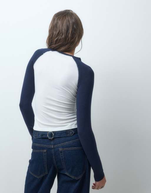 Pieces Langarm-Slim-T-Shirt in Weiß und Marineblau, 4 von 4