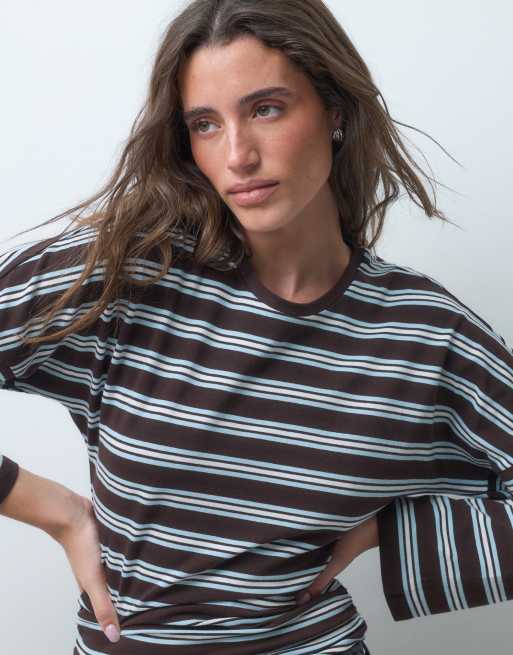 Pieces Langarm-T-Shirt in Braun und Hellblau gestreift, 3 von 4