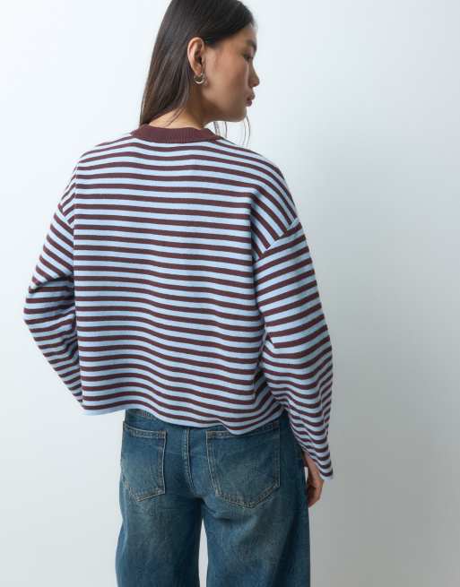 Pieces långärmad oversize stickad tröja med bruna och ljusblå ränder, 5 av 5
