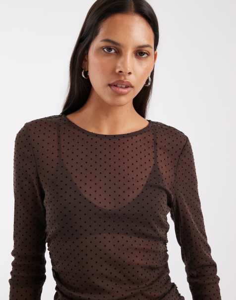 Pieces långärmad prickig transparent mesh-topp i chokladbrun - view 1