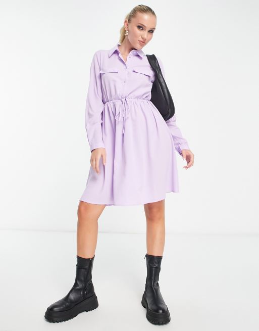 Pieces – Langärmliges Hemdkleid in Flieder mit Bindeband