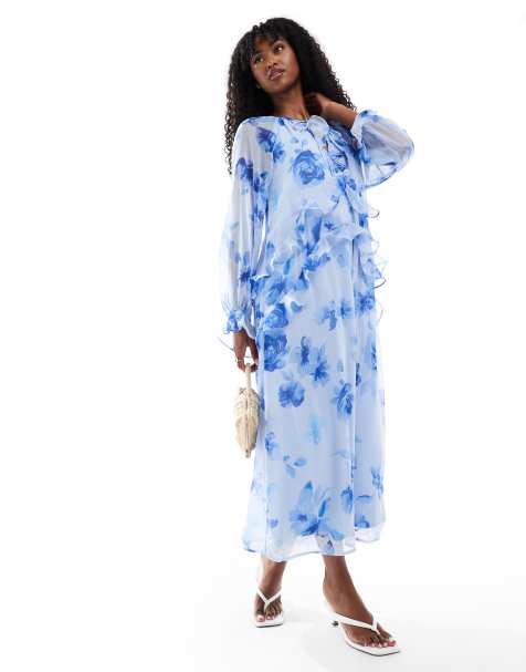 Pieces – Langärmliges Maxikleid in Blassblau mit Rüschen und Blumenmuster - view 1