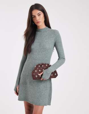 Pieces - Langärmliges Mini-Strickkleid in Grau meliert