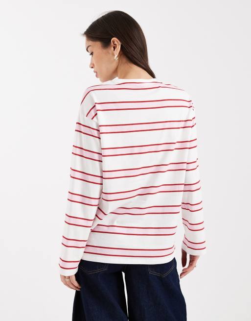 Pieces – Langärmliges Rugby-T-shirt mit Streifen in Rosatönen und Oversize-Passform, 4 von 4