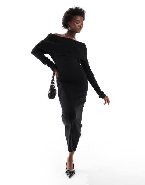 Pieces – Langärmliges, schulterfreies, geripptes Maxikleid aus Strick in Schwarz - view 1