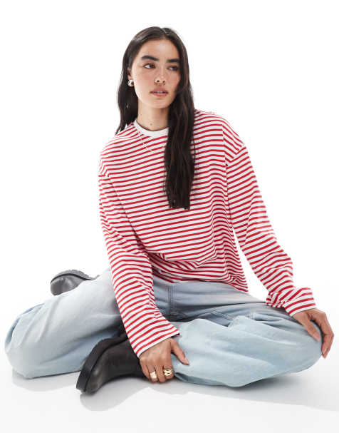 Pieces – Langärmliges, superweiches T-Shirt in gestreiftem Rot - view 1