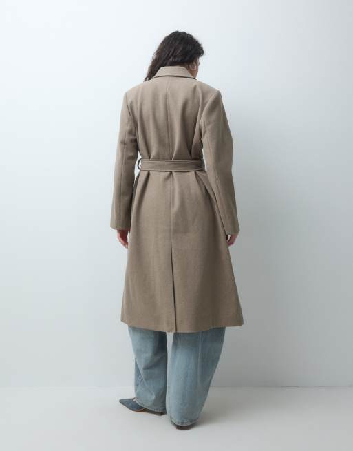 Pieces lange formele jas met strikceintuur in beige gemêleerd, 3 van 4