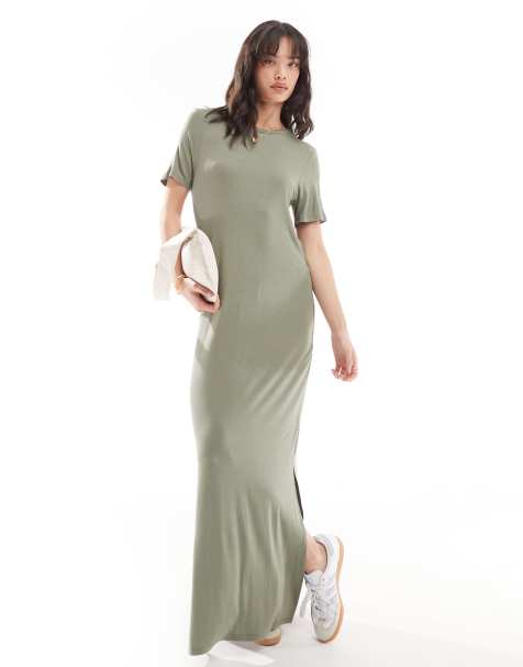 Pieces – Langes T-Shirt-Kleid in Khaki - view 1