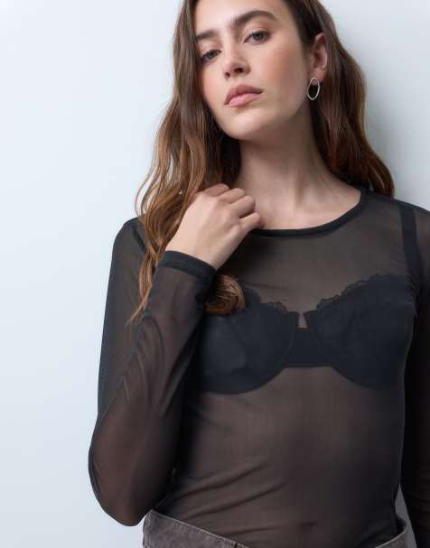 Pieces langærmet mesh-top i sort - view 1