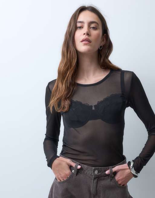 Pieces langærmet mesh-top i sort, 4 af 4