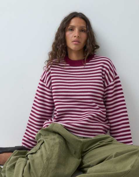 Pieces langærmet oversized striktrøje i bordeaux og pink striber - view 1