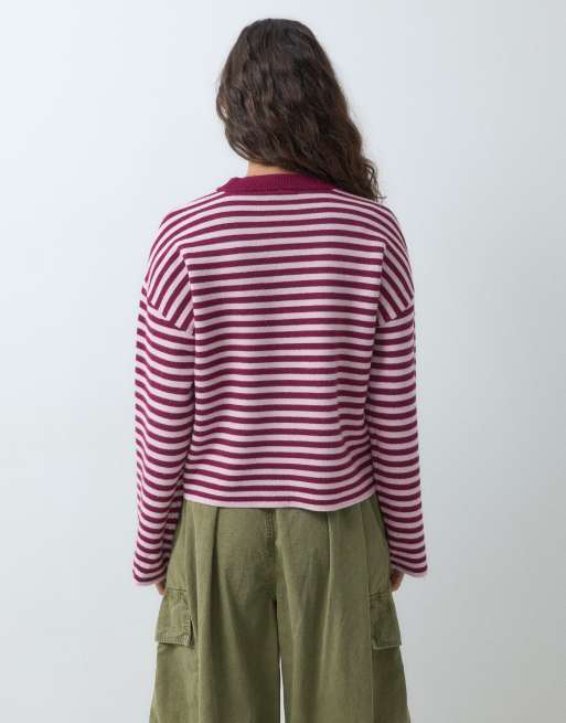 Pieces langærmet oversized striktrøje i bordeaux og pink striber, 4 af 5