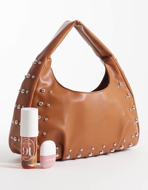 Pieces – Lässige Schultertasche in Braun mit goldfarbenen Nieten, 2 von 4
