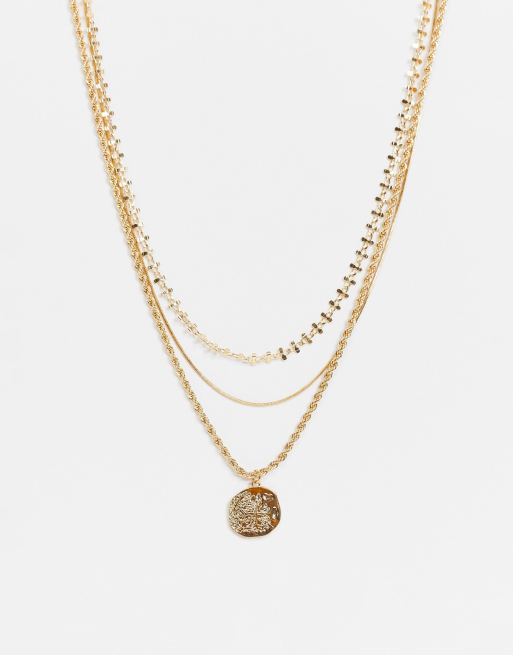 Pieces layered chain necklace with coin pendant in gold