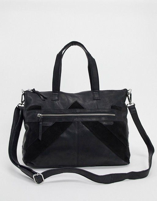 Pieces leather and suede tote bag with long strap