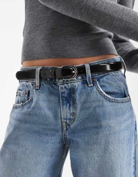 Pieces leather belt with silver buckle in black - view 1