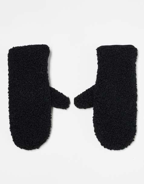 Pieces leather look and borg mix mittens in black - view 1