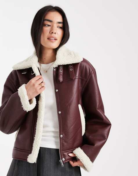 PIECES leather-look and borg mix short jacket in burgundy - view 1