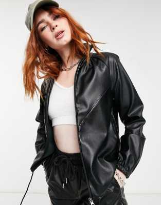 black leather look bomber jacket