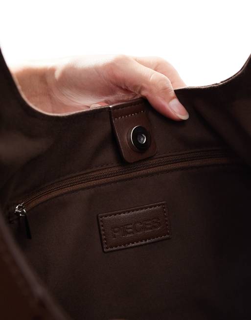 Pieces leather look bucket bag in brown, 3 of 4