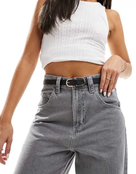 Pieces leather look gold double buckle belt in black - view 1