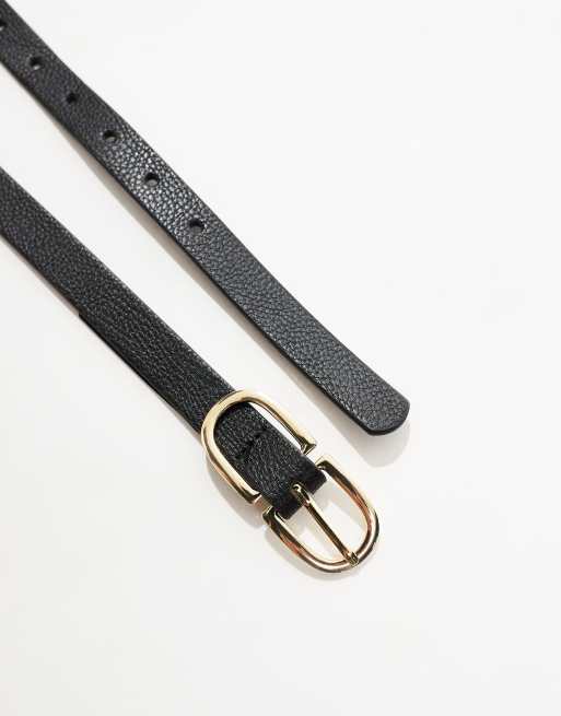 Pieces leather look gold double buckle belt in black, 2 of 4