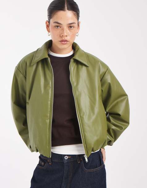 Pieces leather-look padded bomber jacket in moss green  - view 1