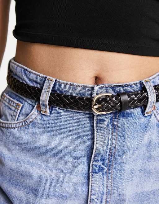 Pieces leather woven belt with gold buckle in black | ASOS