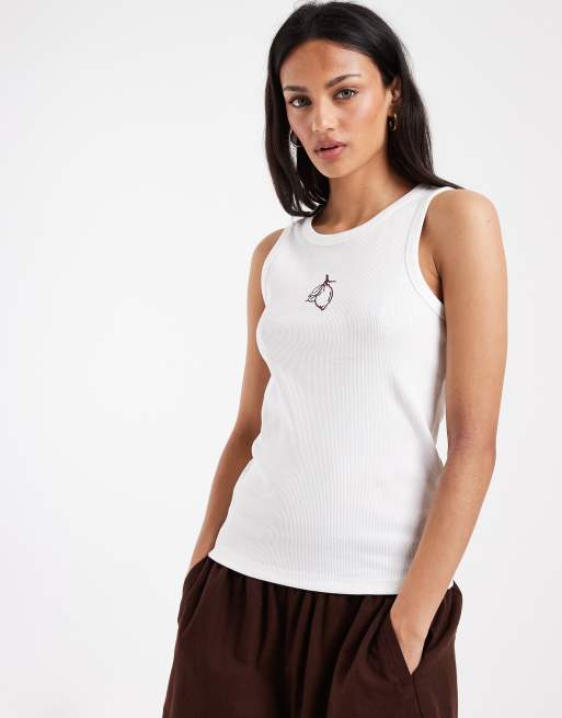 Pieces lemon embroidered cotton vest top in white, 3 of 4
