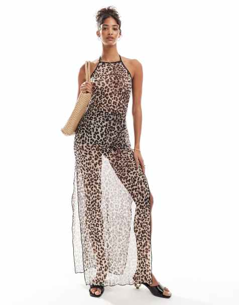 Pieces – Leopardmönstrad strandklänning med halterneck i maxilängd av mesh - view 1
