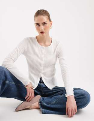 Pieces Lettuce Edge Cardigan In White