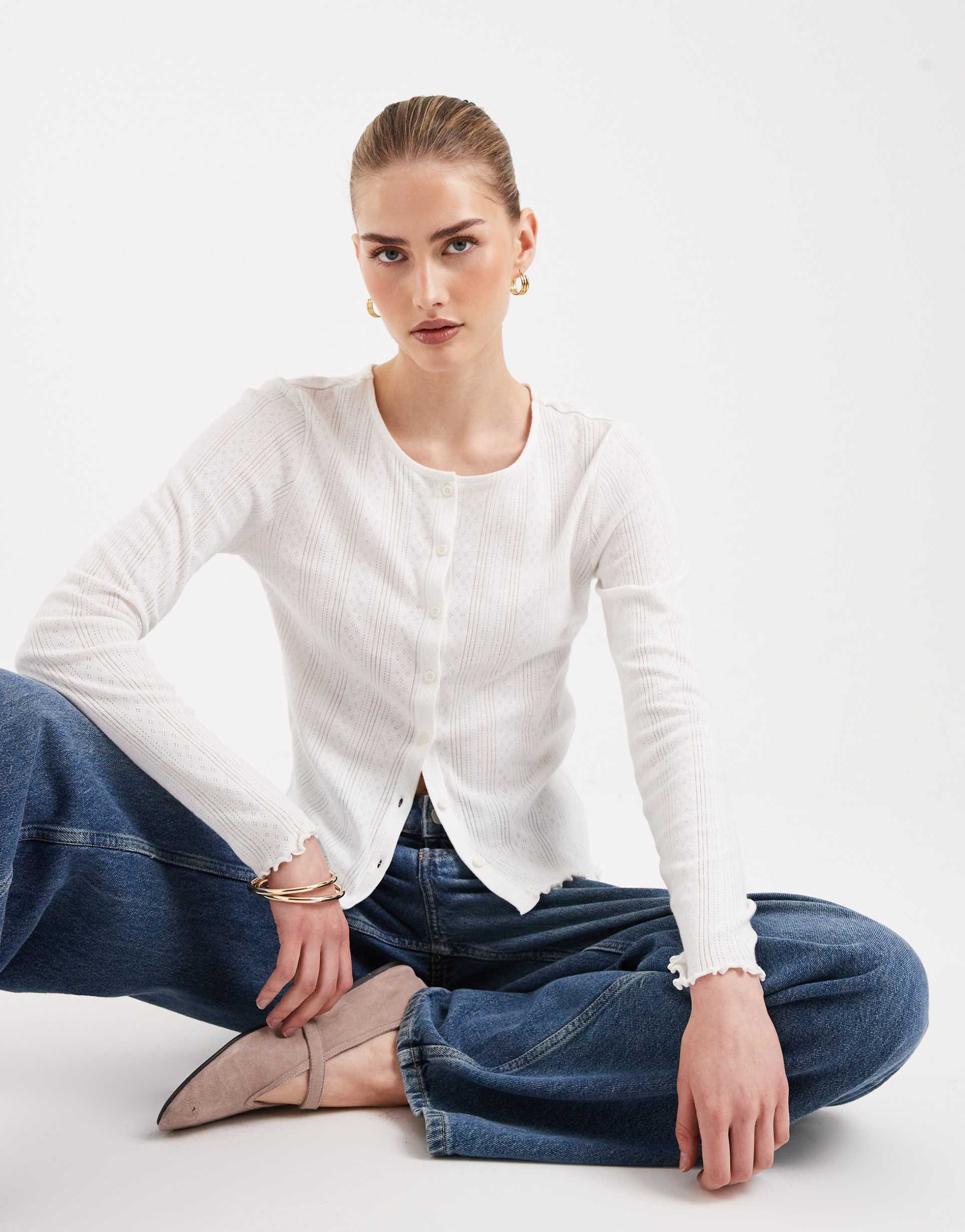 pieces lettuce edge cardigan in cloud dancer