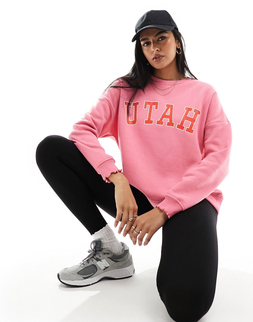 Pieces lettuce edge hem sweatshirt with 'Utah' print in pink
