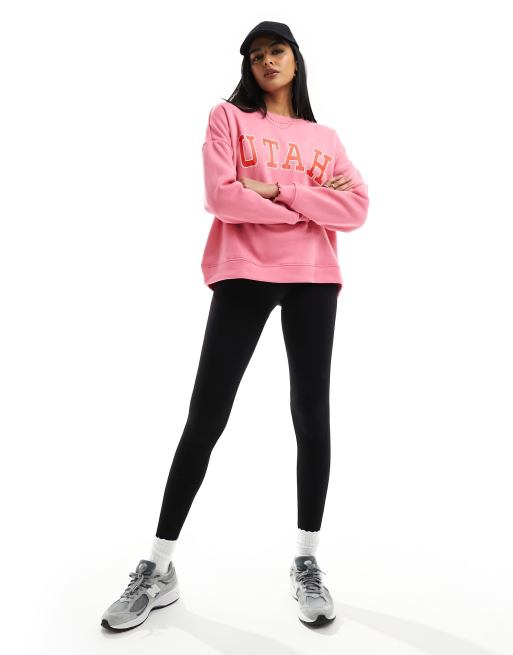 Pieces lettuce edge hem sweatshirt with 'Utah' print in pink