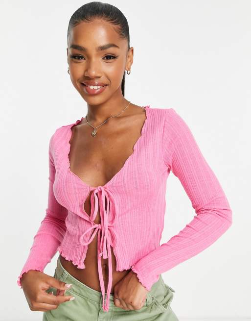 Pieces lettuce edge tie front cardigan in pink ASOS