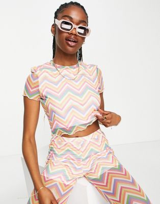 Pieces mesh cropped t-shirt co-ord in pastel chevron