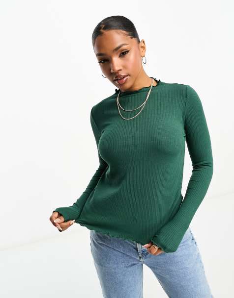 Pieces lettuce hem long sleeve top in green - view 1