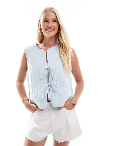 Pieces lightweight quilted tie front summer gilet in light blue - view 1