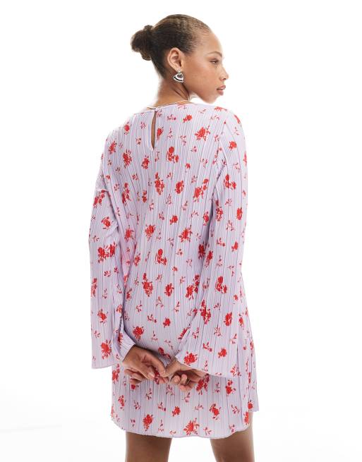 Pieces – Lila, blommig, plisserad miniklänning med långa ärmar, 4 av 4