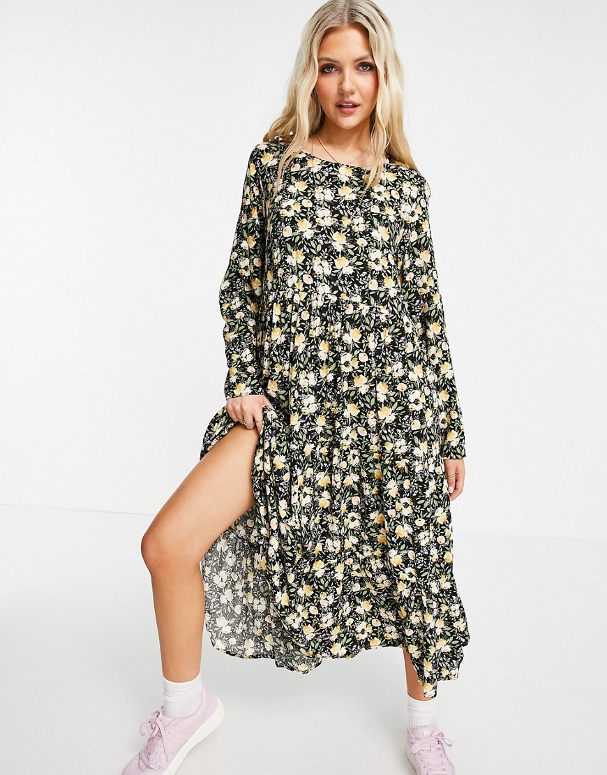Pieces lila long sleeve midi dress in all over floral print-Multi