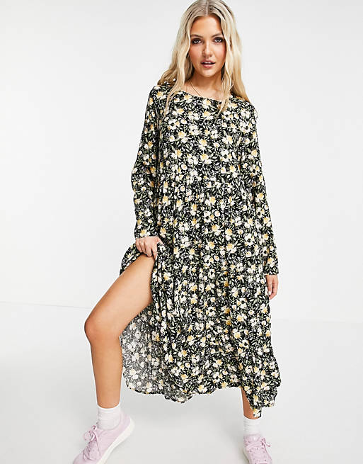 Pieces lila long sleeve midi dress in all over floral print