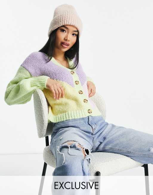 Pieces – Lila och limegrön, blockfärgad kofta – Endast hos ASOS
